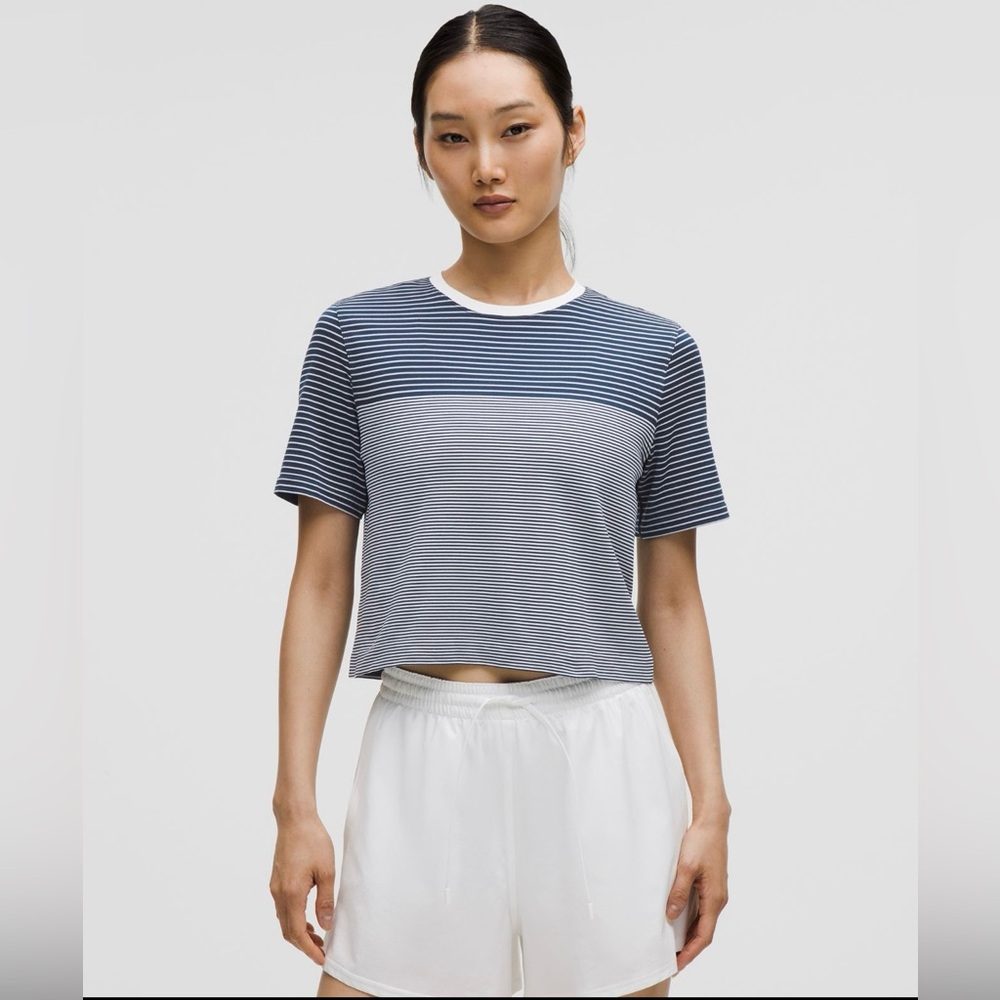 lululemon athletica Navy and White Striped Crop Top